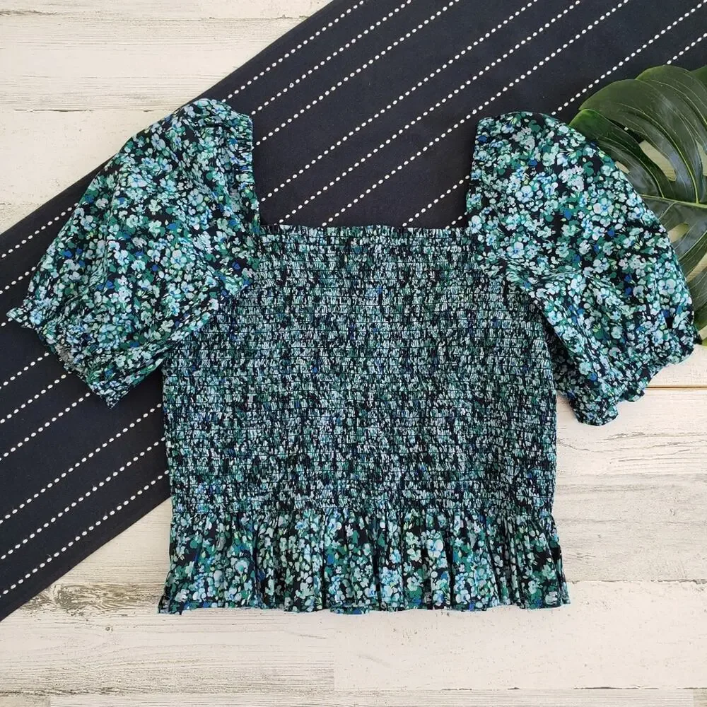 J.Crew Cotton Poplin Smocked Top Floral Size Large